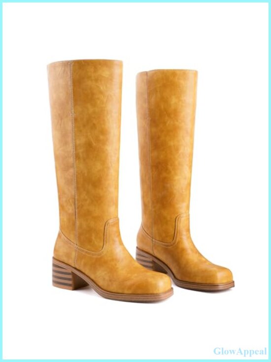 Shoes - Women's Knee High Boots Chunky Block Heel Square Toe Faux Leather Tall Riding